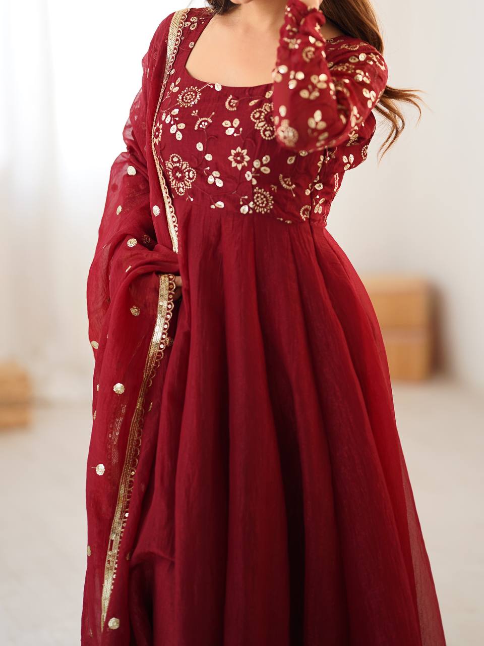 Maroon Embroidered Anarkali Suit with Organza Dupatta AllTreandy