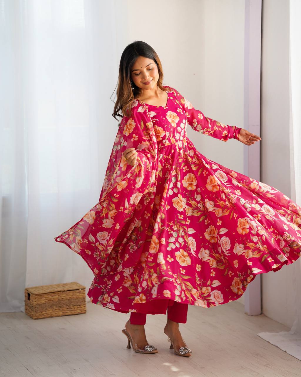 Pink Floral Anarkali Suit with Dupatta AllTreandy