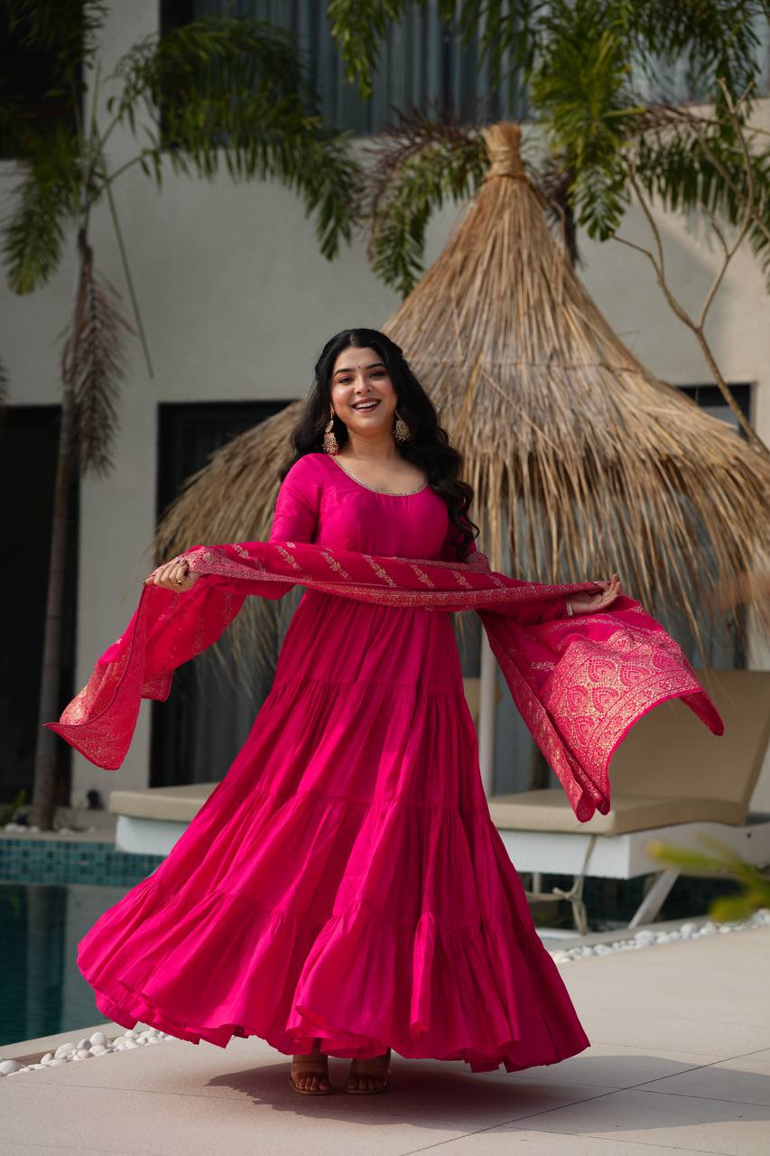 Hot Pink Tiered Anarkali with Banarasi Dupatta AllTreandy