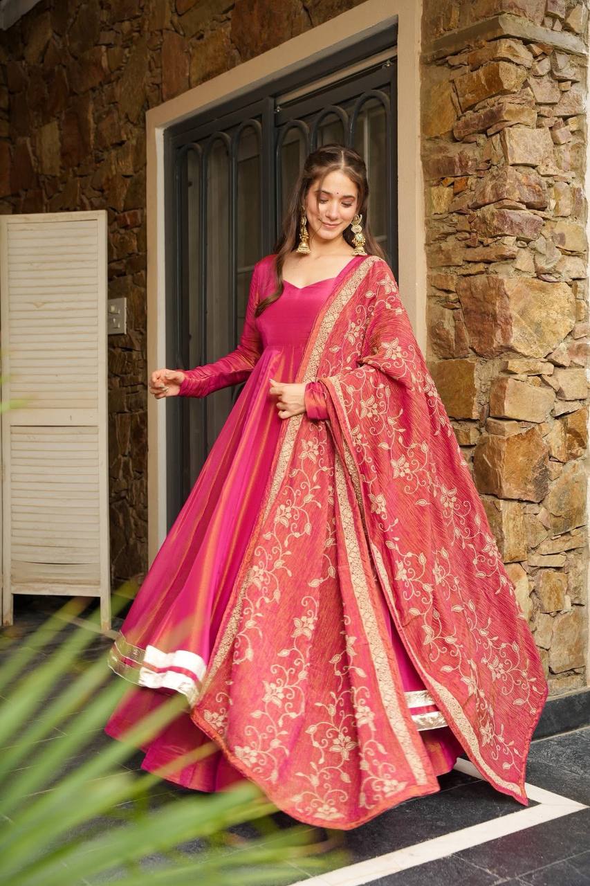 Rani Pink Silk Anarkali Suit with Zari Border & Embroidered Dupatta AllTreandy