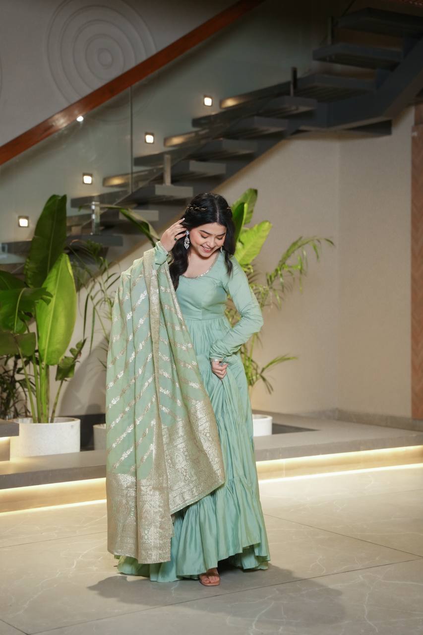 Pastel Green & purple Anarkali Kurta with Banarasi Dupatta – Elegant Festive & Wedding Wear AllTreandy