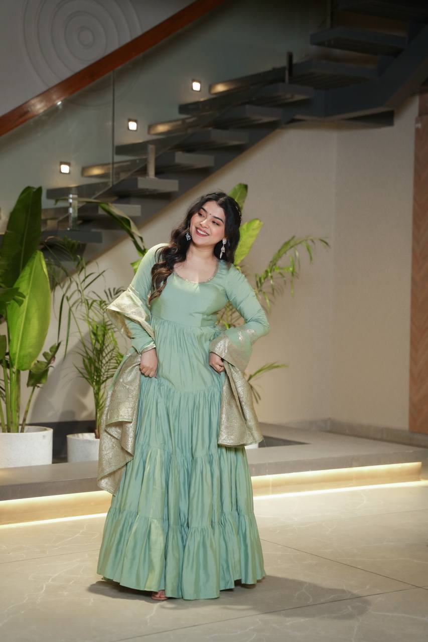 Pastel Green & purple Anarkali Kurta with Banarasi Dupatta – Elegant Festive & Wedding Wear AllTreandy