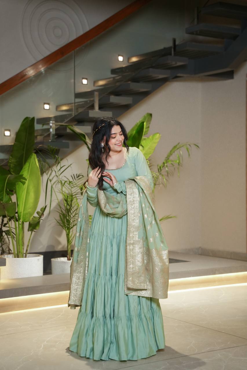 Pastel Green & purple Anarkali Kurta with Banarasi Dupatta – Elegant Festive & Wedding Wear AllTreandy