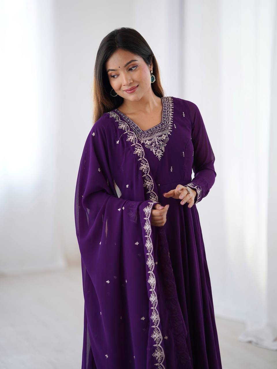 Embroidered Anarkali Suit Set with Dupatta – Available in Royal Purple, Classic Black & Green AllTreandy