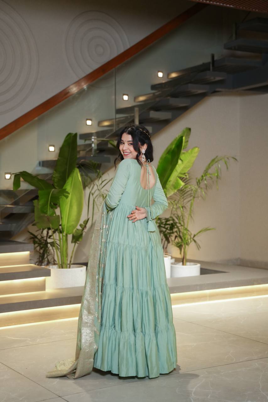 Pastel Green & purple Anarkali Kurta with Banarasi Dupatta – Elegant Festive & Wedding Wear AllTreandy