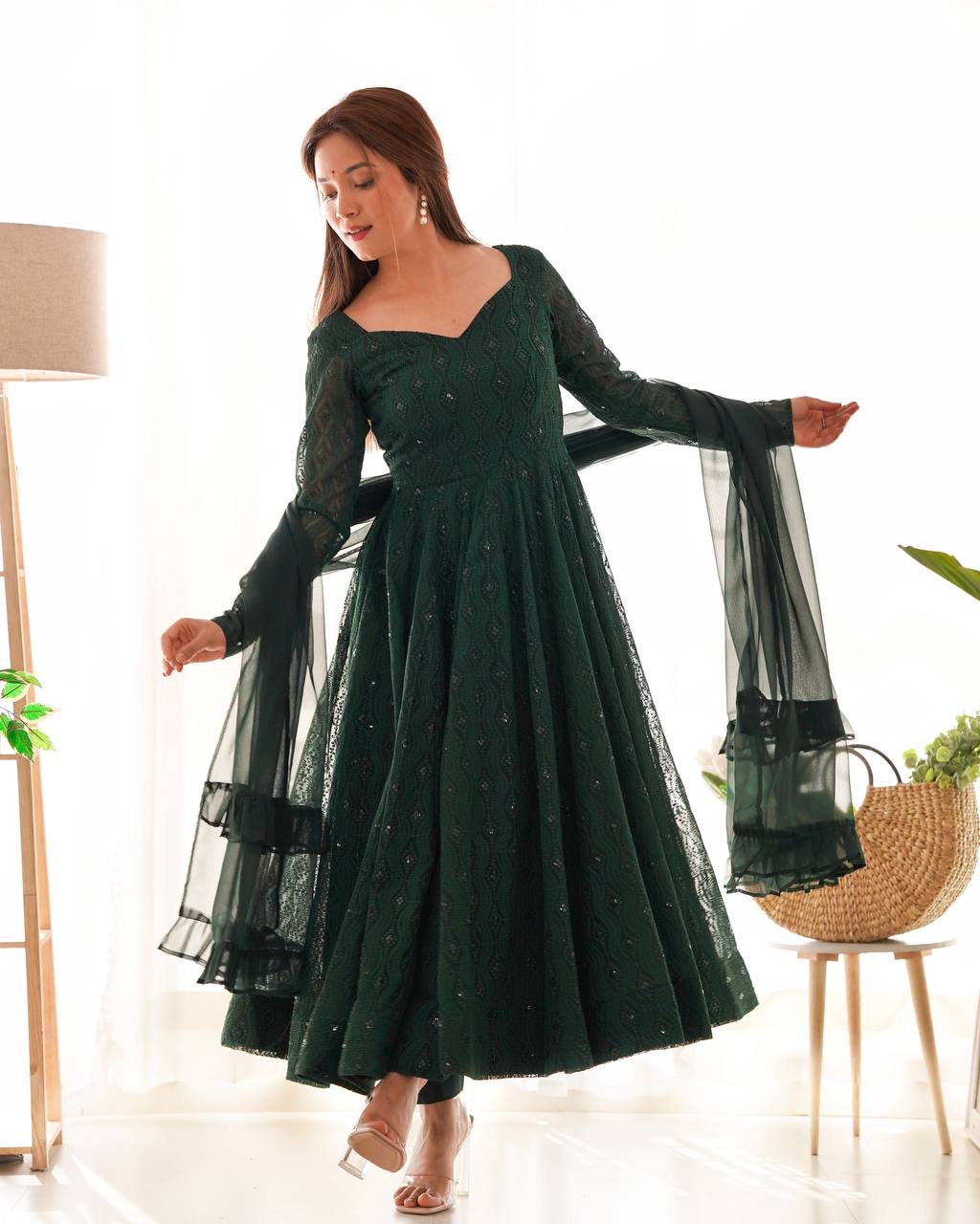 Emerald Green Georgette Anarkali Suit Set with Sheer Dupatta – Regal Festive Elegance AllTreandy