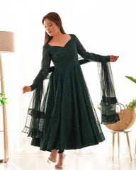 Emerald Green Georgette Anarkali Suit Set with Sheer Dupatta – Regal Festive Elegance AllTreandy
