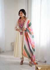 Cream Anarkali with Multicolor Embroidered Yoke & Wavy Pattern Dupatta AllTreandy