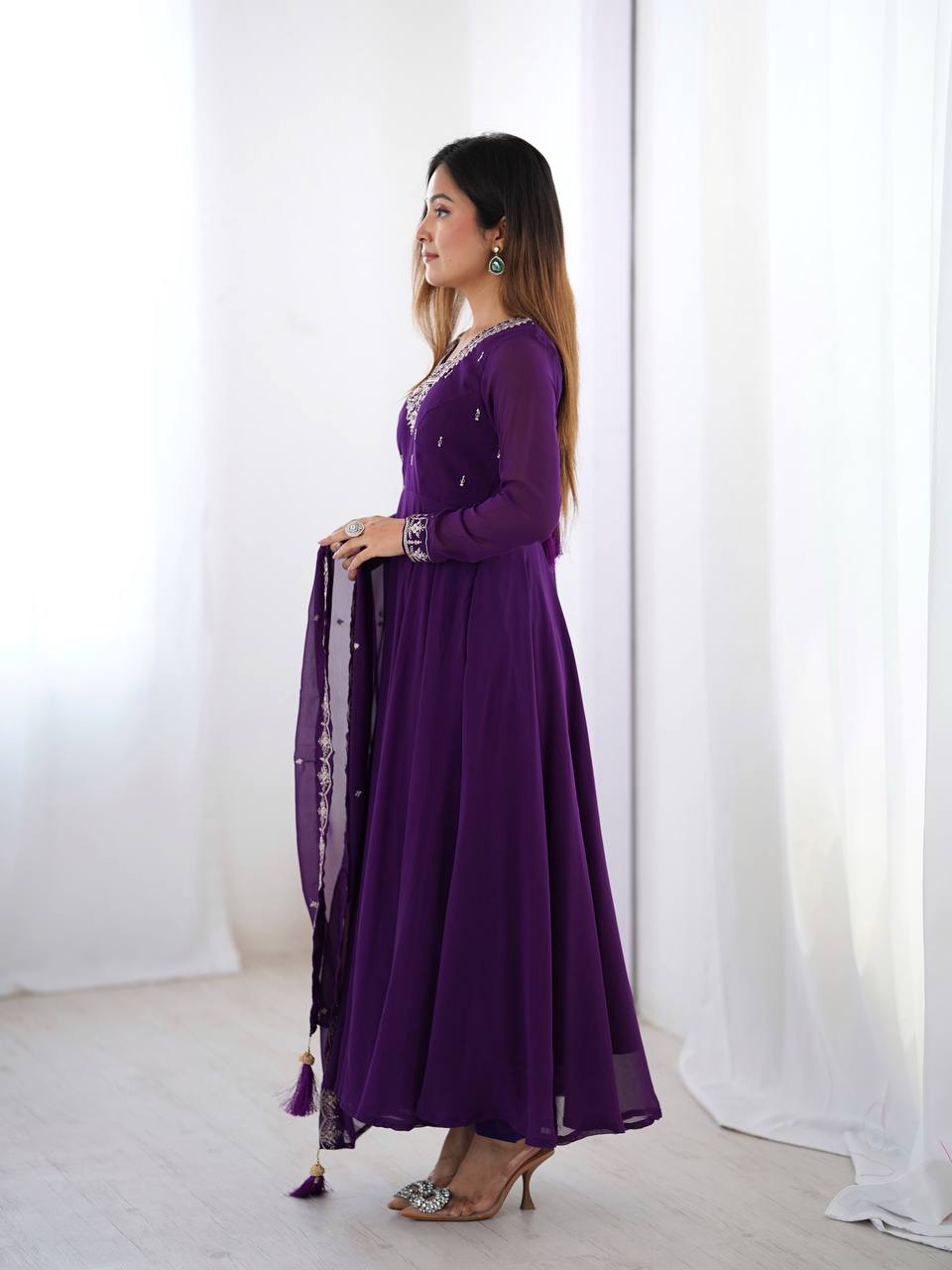 Embroidered Anarkali Suit Set with Dupatta – Available in Royal Purple, Classic Black & Green AllTreandy