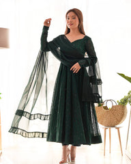 Emerald Green Georgette Anarkali Suit Set with Sheer Dupatta – Regal Festive Elegance AllTreandy