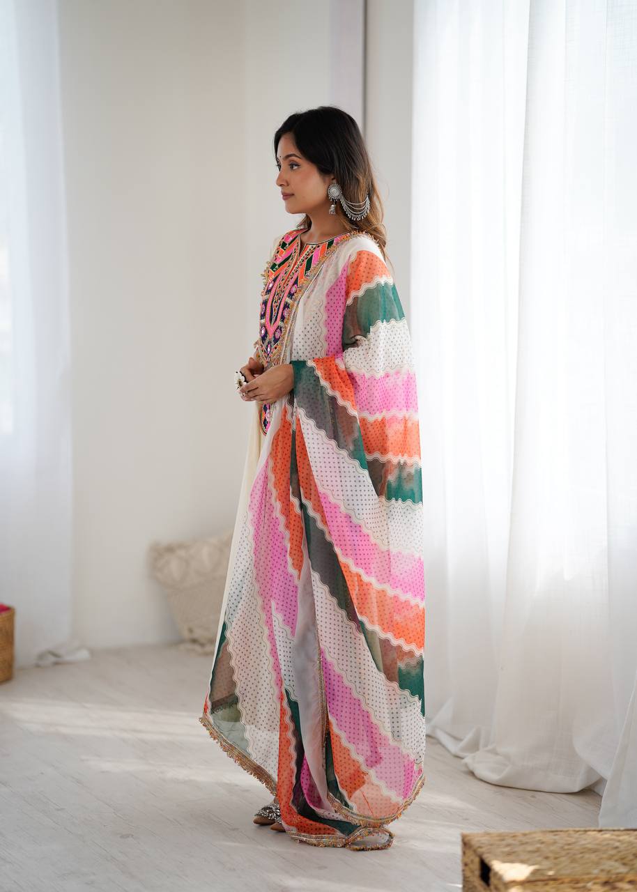 Cream Anarkali with Multicolor Embroidered Yoke & Wavy Pattern Dupatta AllTreandy