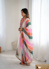 Cream Anarkali with Multicolor Embroidered Yoke & Wavy Pattern Dupatta AllTreandy