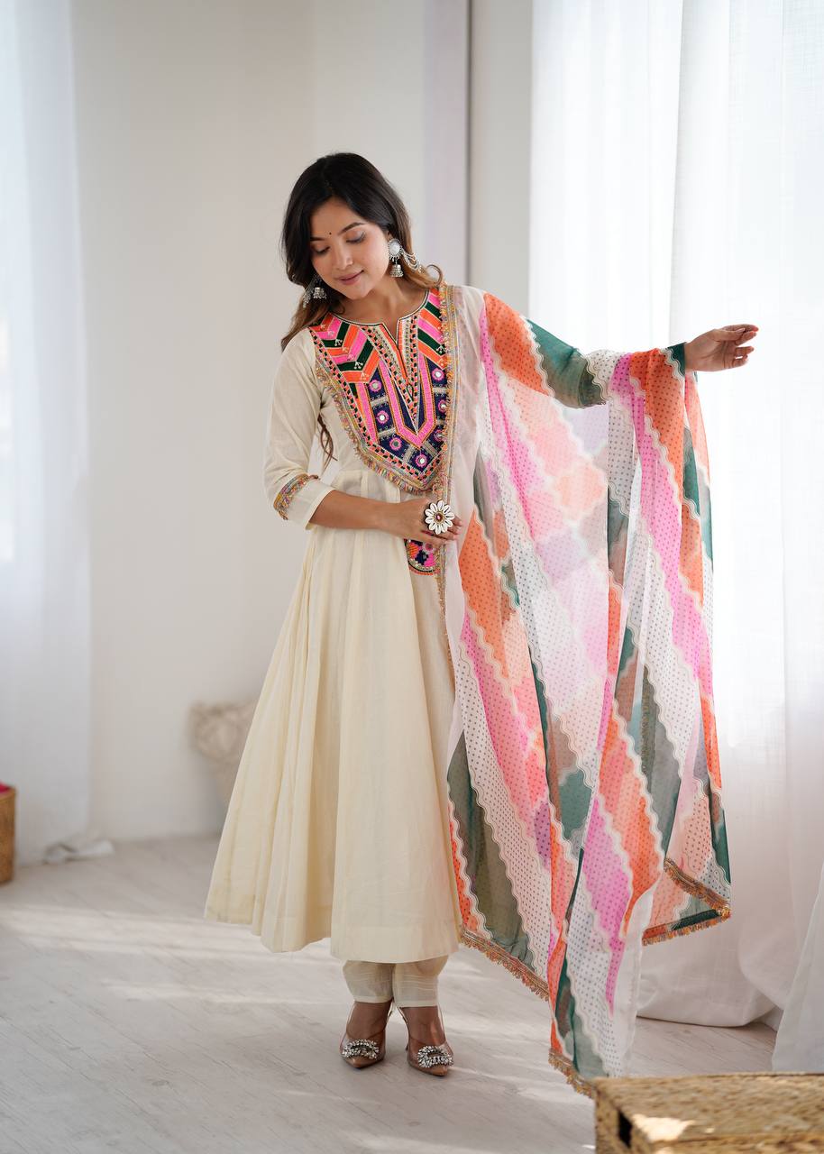 Cream Anarkali with Multicolor Embroidered Yoke & Wavy Pattern Dupatta AllTreandy