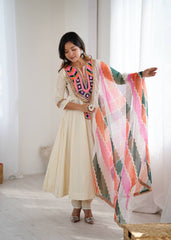 Cream Anarkali with Multicolor Embroidered Yoke & Wavy Pattern Dupatta AllTreandy