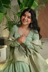 Pastel Green & purple Anarkali Kurta with Banarasi Dupatta – Elegant Festive & Wedding Wear AllTreandy