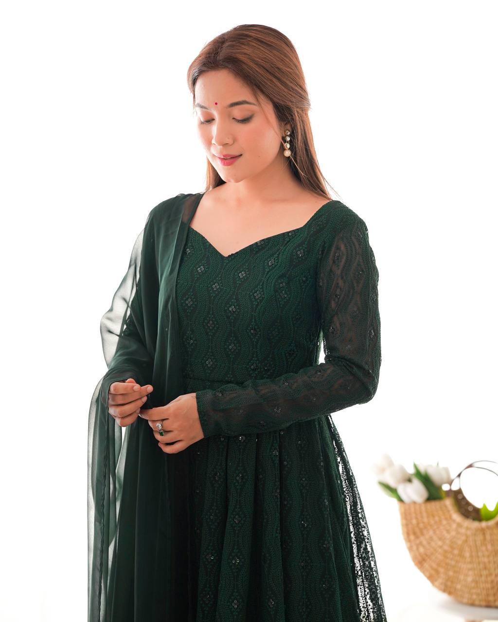 Emerald Green Georgette Anarkali Suit Set with Sheer Dupatta – Regal Festive Elegance AllTreandy