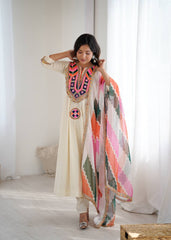 Cream Anarkali with Multicolor Embroidered Yoke & Wavy Pattern Dupatta AllTreandy