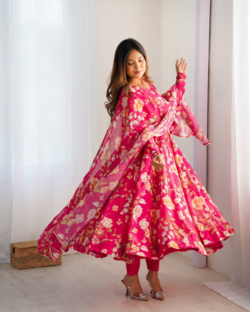 Pink Floral Anarkali Suit with Dupatta AllTreandy