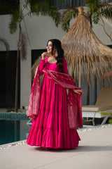 Hot Pink Tiered Anarkali with Banarasi Dupatta AllTreandy