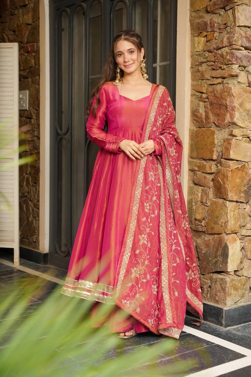 Rani Pink Silk Anarkali Suit with Zari Border & Embroidered Dupatta AllTreandy