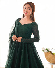 Emerald Green Georgette Anarkali Suit Set with Sheer Dupatta – Regal Festive Elegance AllTreandy