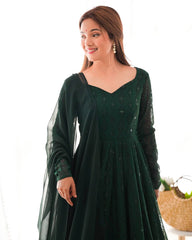Emerald Green Georgette Anarkali Suit Set with Sheer Dupatta – Regal Festive Elegance AllTreandy