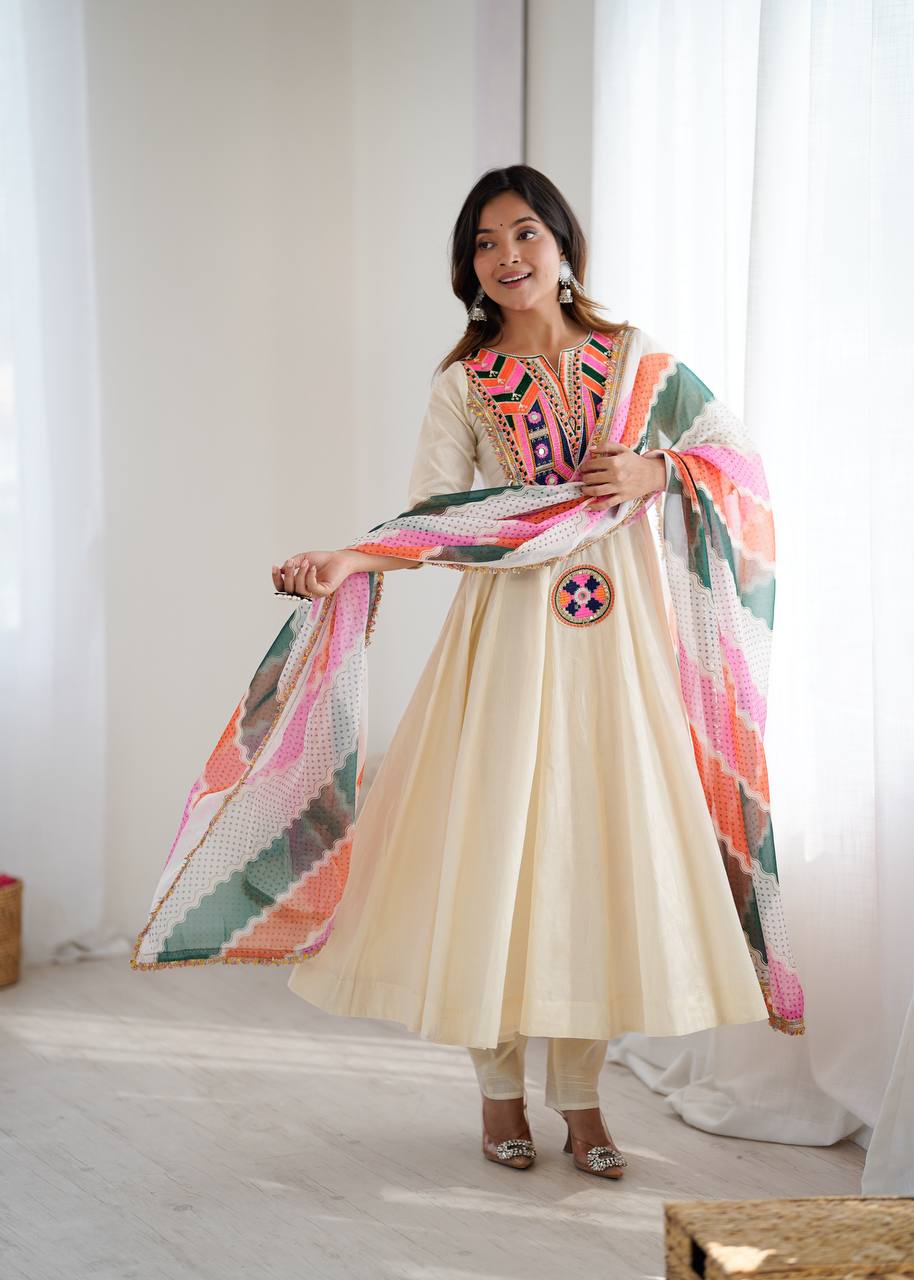 Cream Anarkali with Multicolor Embroidered Yoke & Wavy Pattern Dupatta AllTreandy