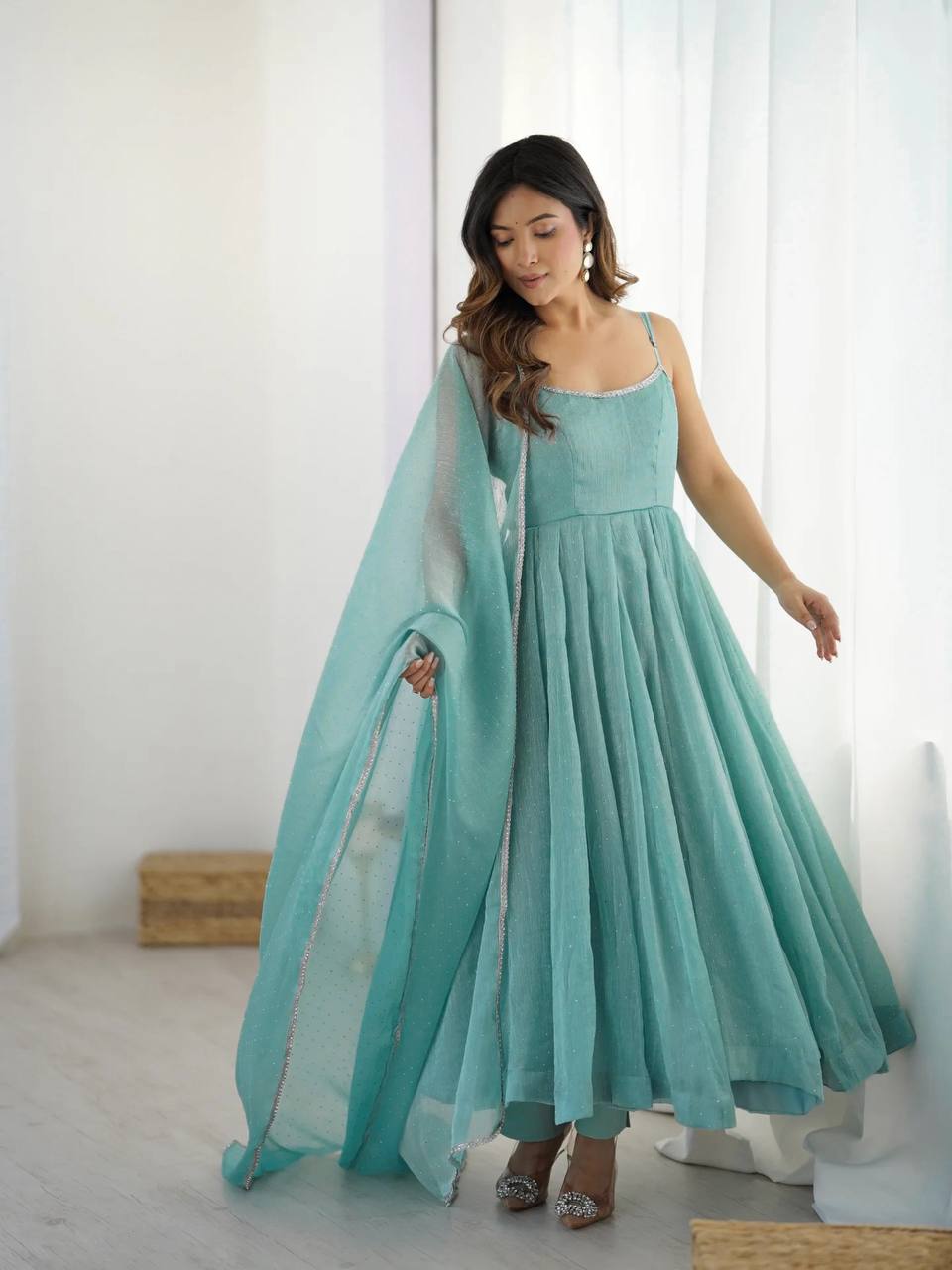 Seafoam Green & Red Sleeveless Anarkali Suit Set with Dupatta – Premium Tissue Silk Blend AllTreandy