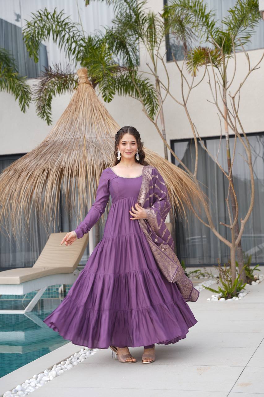 Pastel Green & purple Anarkali Kurta with Banarasi Dupatta – Elegant Festive & Wedding Wear AllTreandy