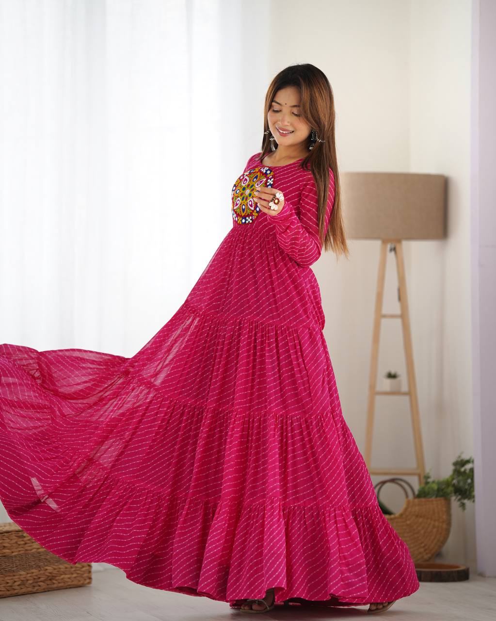 Hot Pink Bandhani Print Tiered Anarkali Gown – Mirror Work Yoke | Festive & Wedding Wear AllTreandy