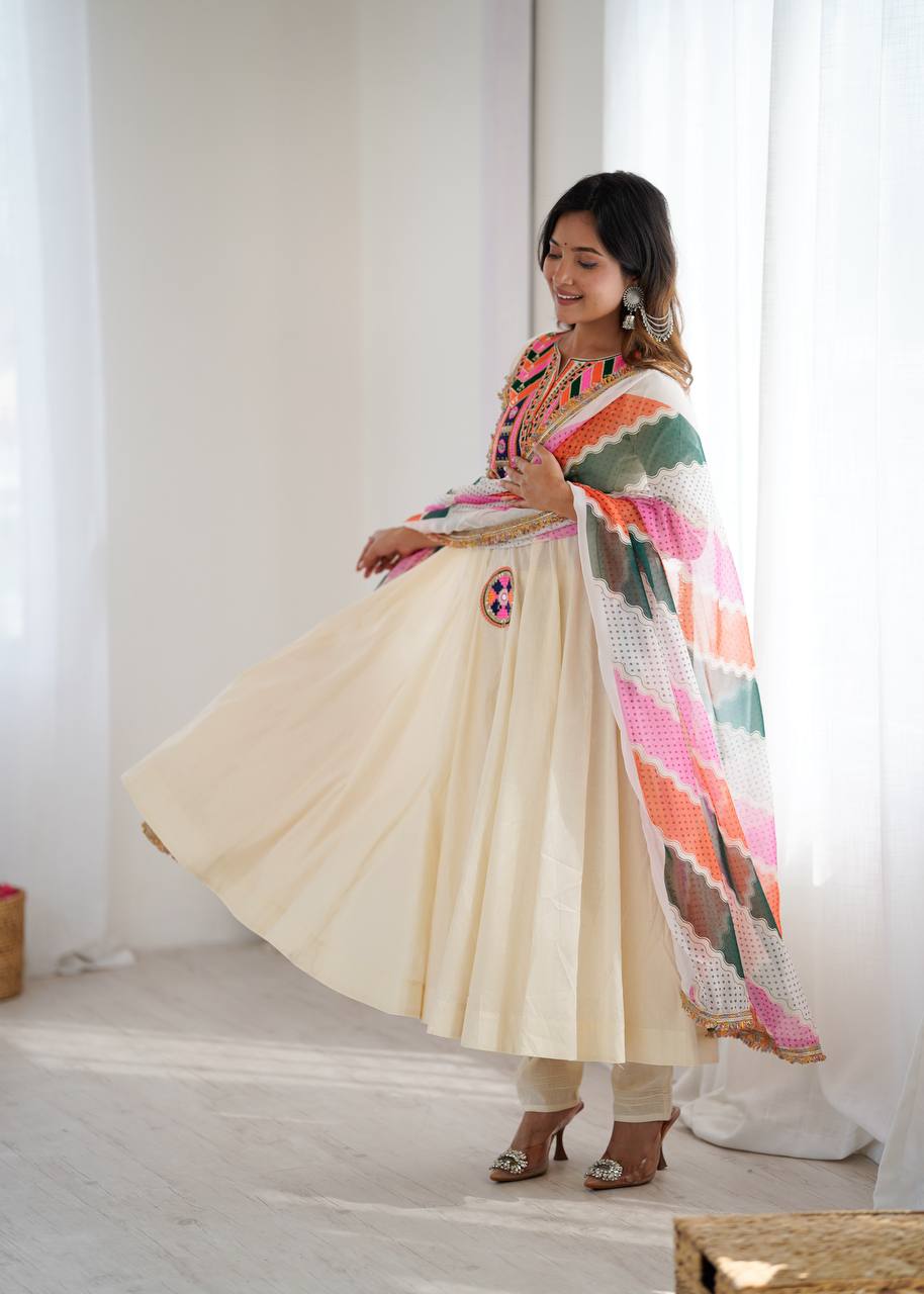 Cream Anarkali with Multicolor Embroidered Yoke & Wavy Pattern Dupatta AllTreandy