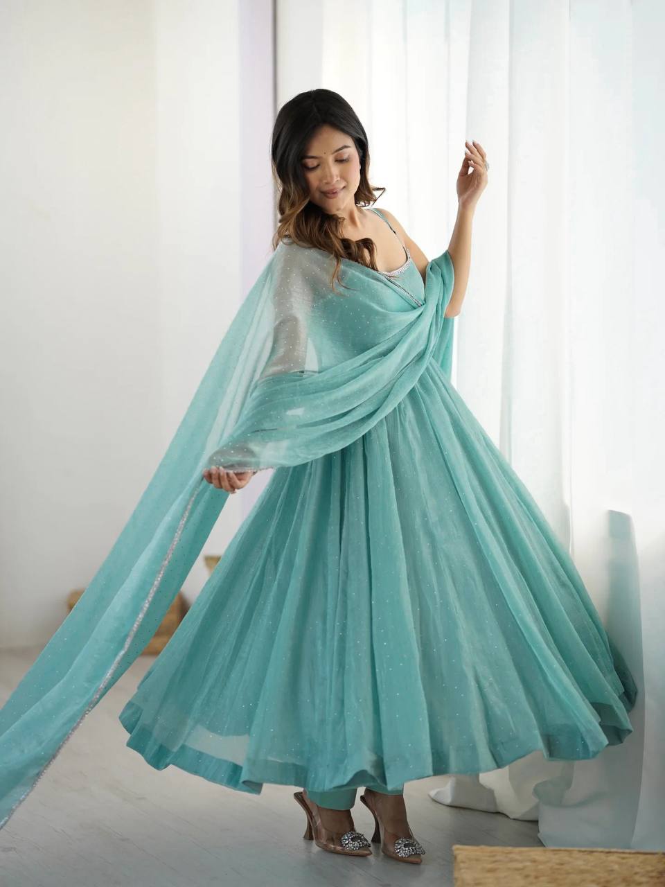 Seafoam Green & Red Sleeveless Anarkali Suit Set with Dupatta – Premium Tissue Silk Blend AllTreandy