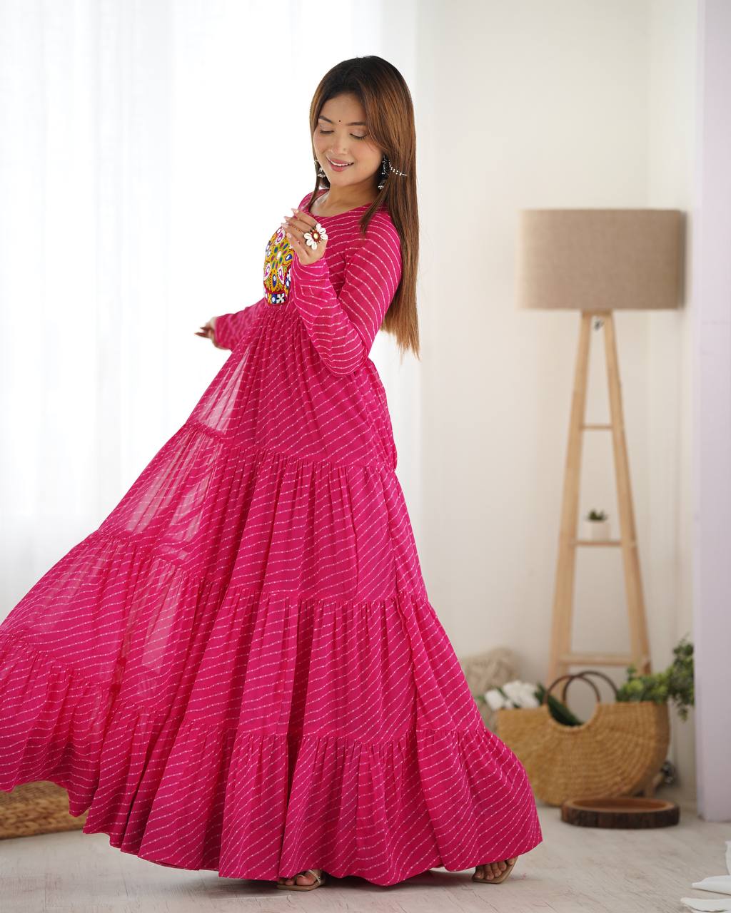 Hot Pink Bandhani Print Tiered Anarkali Gown – Mirror Work Yoke | Festive & Wedding Wear AllTreandy