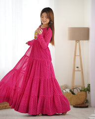 Hot Pink Bandhani Print Tiered Anarkali Gown – Mirror Work Yoke | Festive & Wedding Wear AllTreandy
