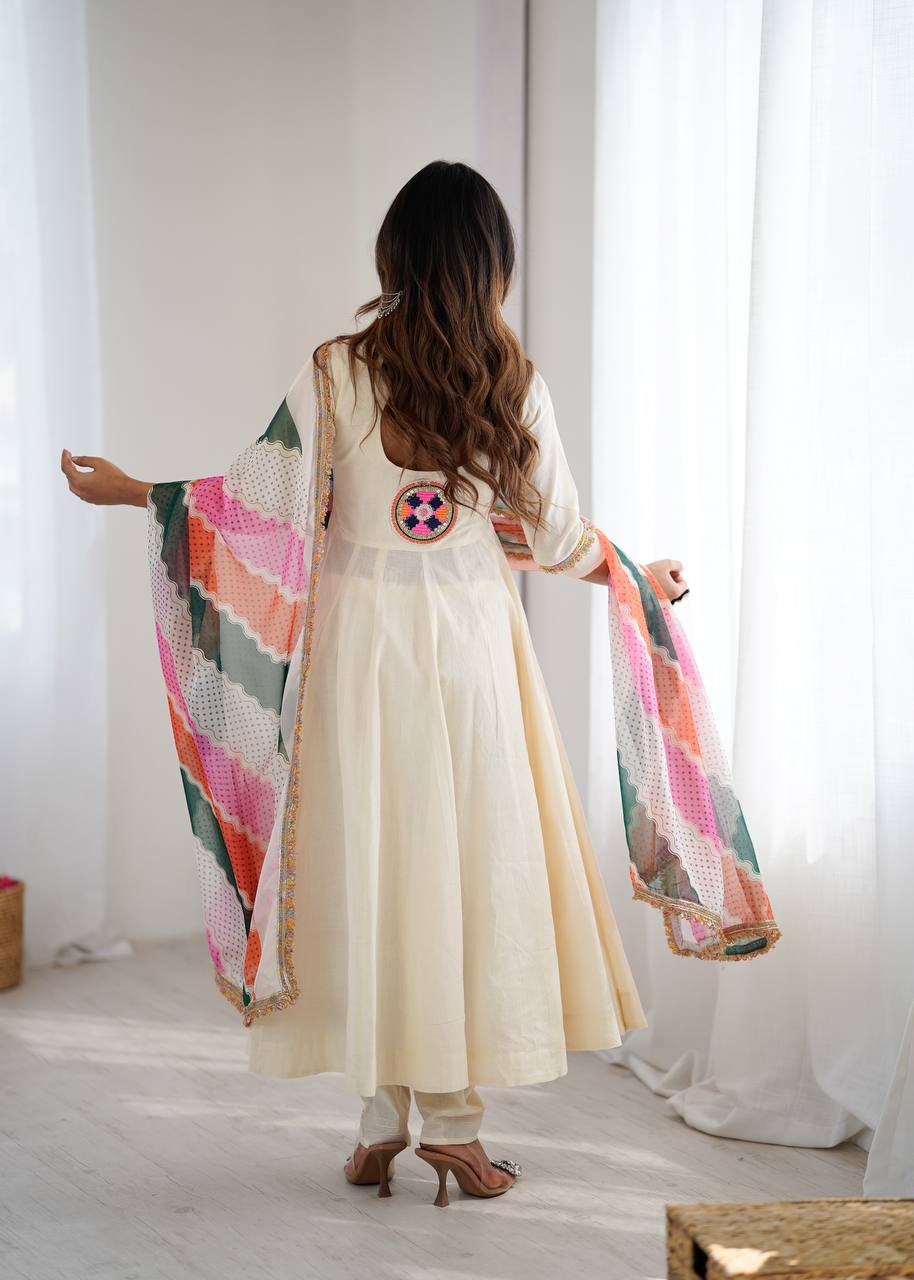 Cream Anarkali with Multicolor Embroidered Yoke & Wavy Pattern Dupatta AllTreandy