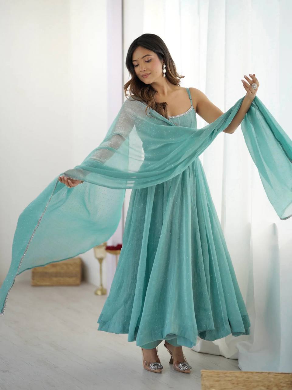 Seafoam Green & Red Sleeveless Anarkali Suit Set with Dupatta – Premium Tissue Silk Blend AllTreandy