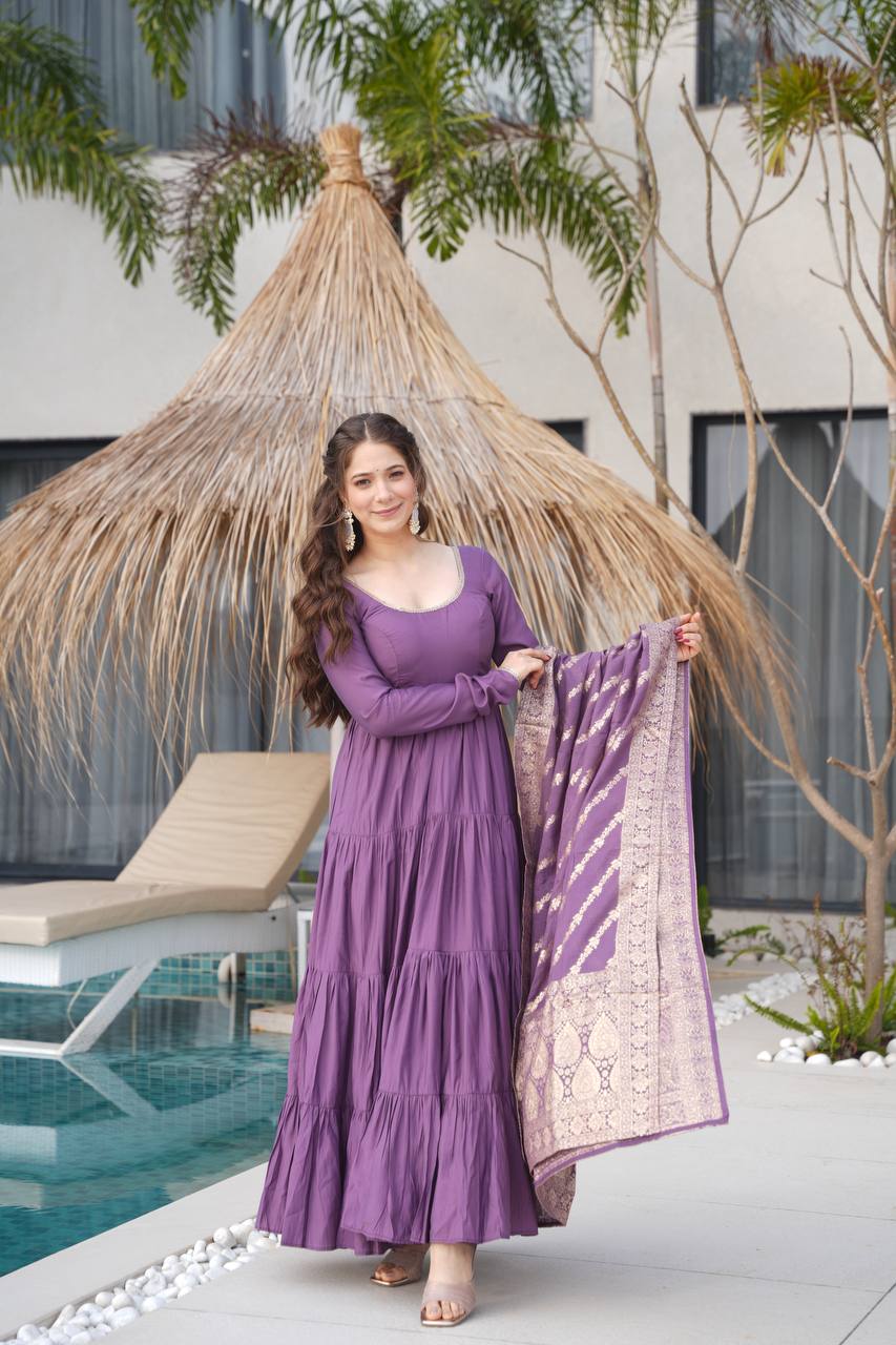 Pastel Green & purple Anarkali Kurta with Banarasi Dupatta – Elegant Festive & Wedding Wear AllTreandy