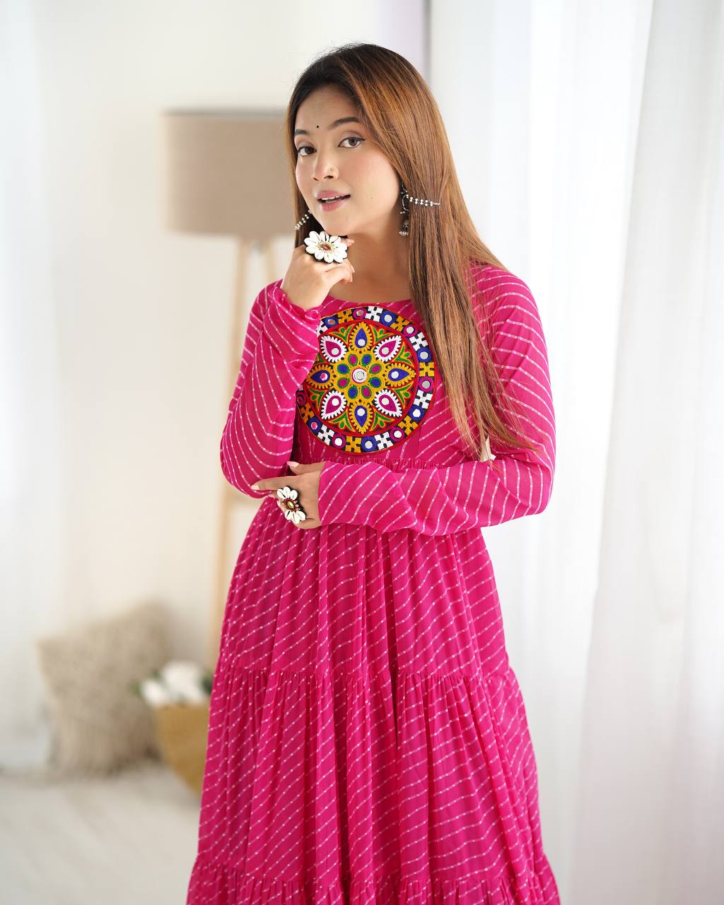 Hot Pink Bandhani Print Tiered Anarkali Gown – Mirror Work Yoke | Festive & Wedding Wear AllTreandy