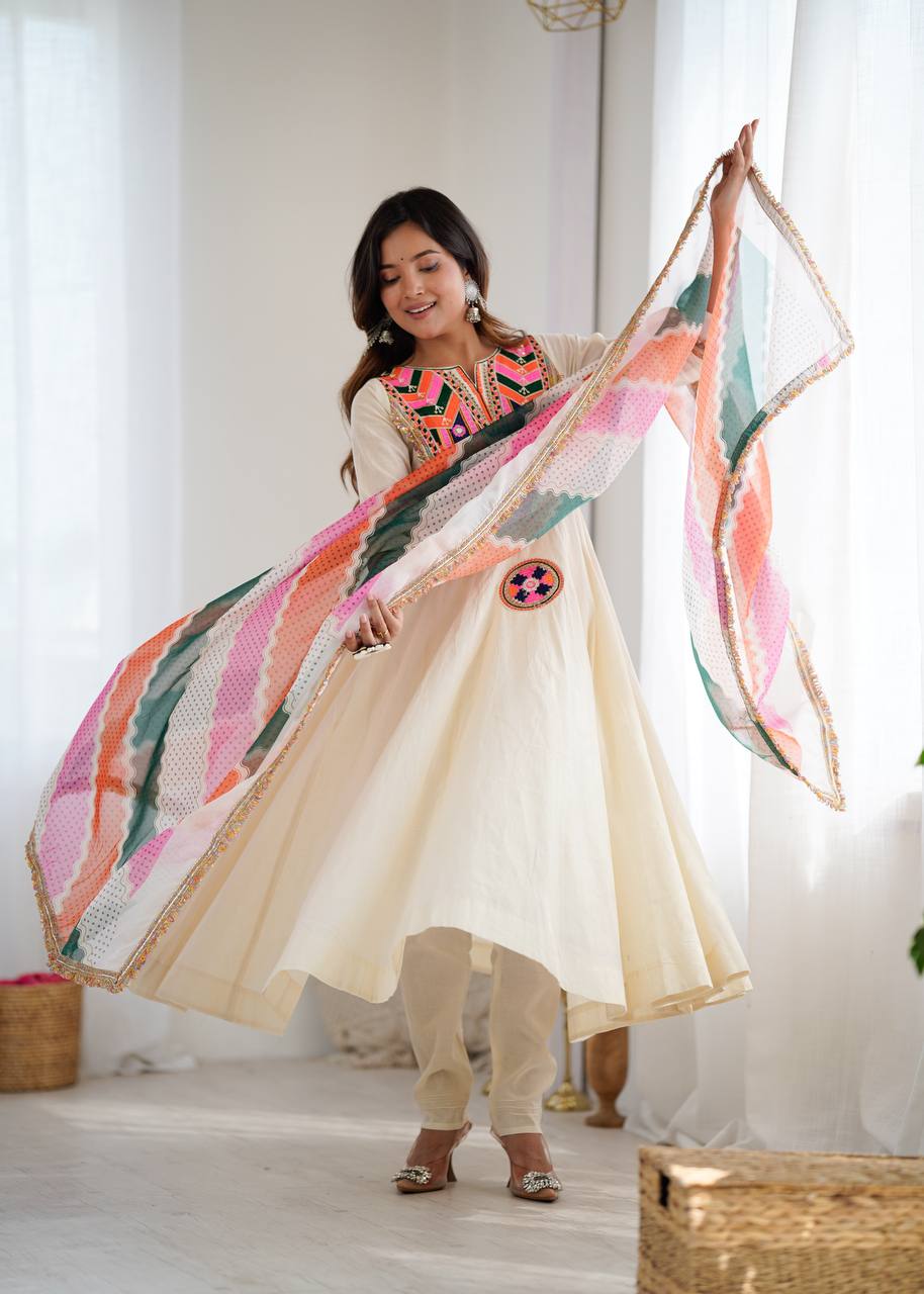 Cream Anarkali with Multicolor Embroidered Yoke & Wavy Pattern Dupatta AllTreandy