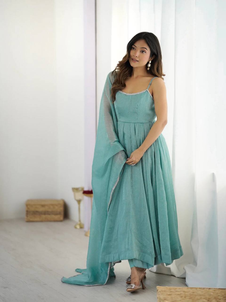 Seafoam Green & Red Sleeveless Anarkali Suit Set with Dupatta – Premium Tissue Silk Blend AllTreandy