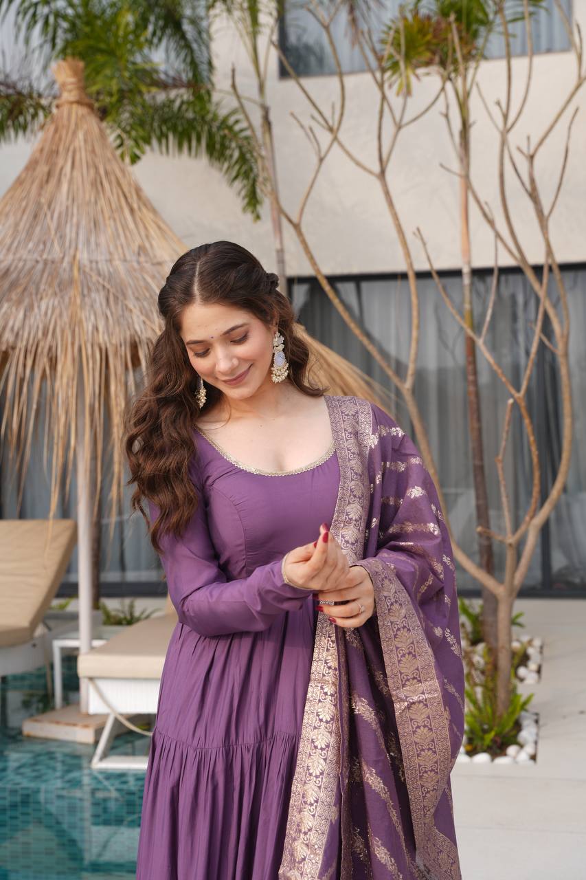 Pastel Green & purple Anarkali Kurta with Banarasi Dupatta – Elegant Festive & Wedding Wear AllTreandy