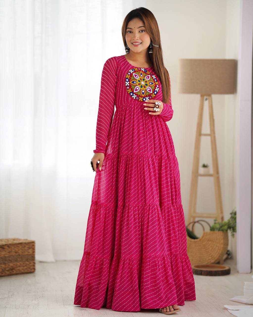Hot Pink Bandhani Print Tiered Anarkali Gown – Mirror Work Yoke | Festive & Wedding Wear AllTreandy