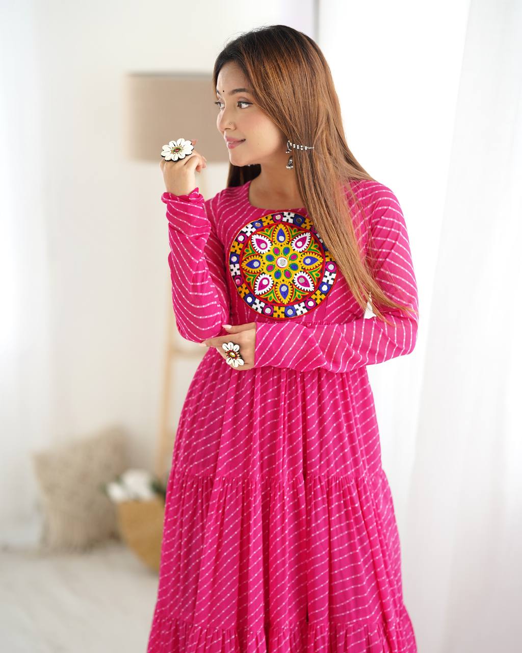 Hot Pink Bandhani Print Tiered Anarkali Gown – Mirror Work Yoke | Festive & Wedding Wear AllTreandy