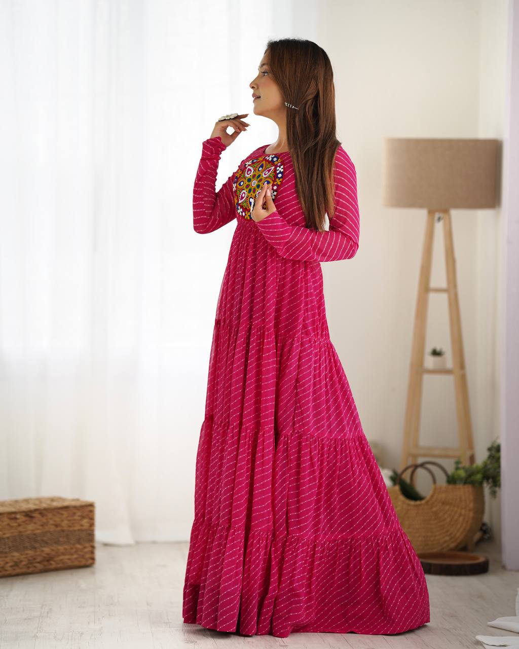 Hot Pink Bandhani Print Tiered Anarkali Gown – Mirror Work Yoke | Festive & Wedding Wear AllTreandy