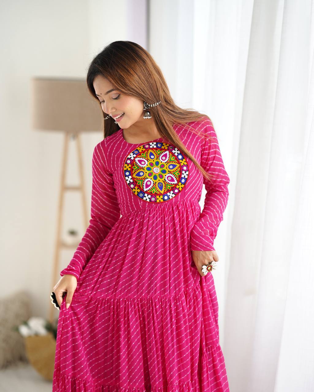 Hot Pink Bandhani Print Tiered Anarkali Gown – Mirror Work Yoke | Festive & Wedding Wear AllTreandy