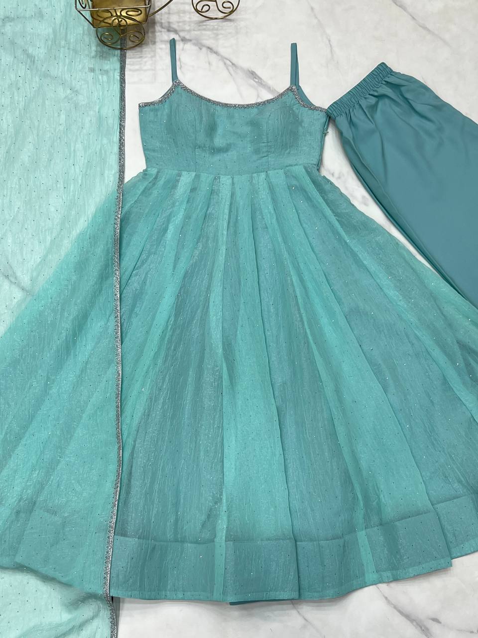 Seafoam Green & Red Sleeveless Anarkali Suit Set with Dupatta – Premium Tissue Silk Blend AllTreandy