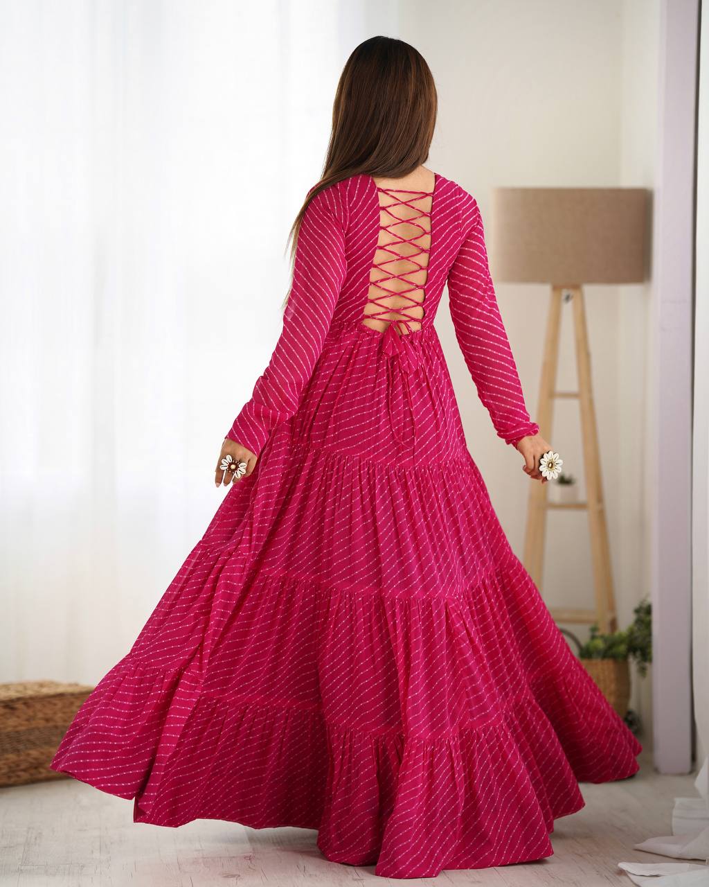 Hot Pink Bandhani Print Tiered Anarkali Gown – Mirror Work Yoke | Festive & Wedding Wear AllTreandy