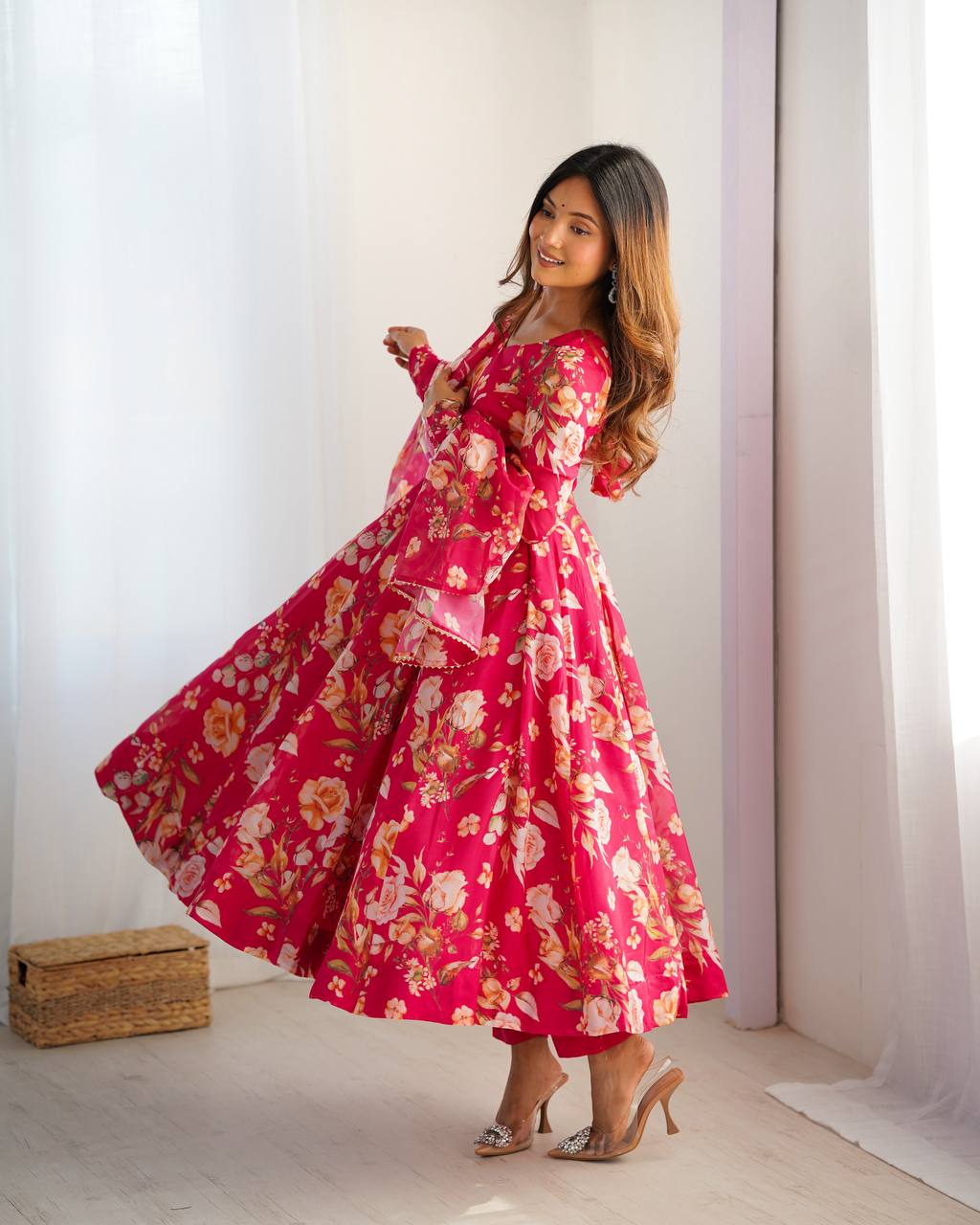 Pink Floral Anarkali Suit with Dupatta AllTreandy