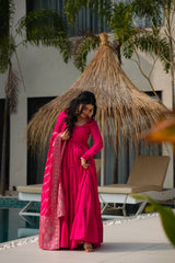 Hot Pink Tiered Anarkali with Banarasi Dupatta AllTreandy
