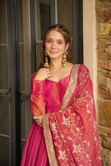 Rani Pink Silk Anarkali Suit with Zari Border & Embroidered Dupatta AllTreandy